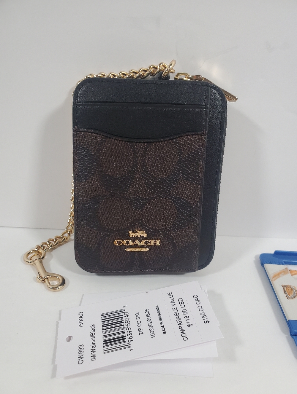 NWT Coach  Zip Card Case In Signature Canvas In Walnut black